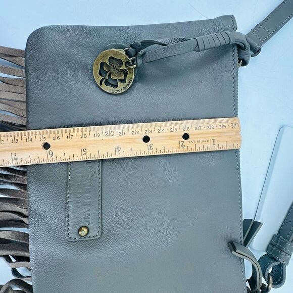Lucky Brand Leather Fringe Crossbody Bag Gray Western Hippie Boho 3 Section - Picture 10 of 12